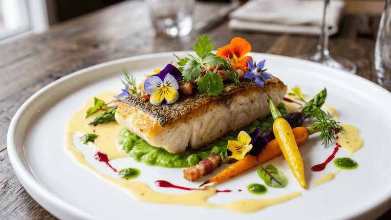 Beautifully plated gourmet dish with colorful garnishes